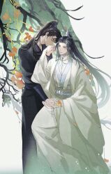 2boys absurdres bacteriashintaro black_hair black_hanfu branch chinese_clothes chinese_commentary chu_wanning closed_eyes closed_mouth cowboy_shot erha_he_tadebai_mao_shizun falling_petals flower grey_eyes half_updo hanfu high_ponytail highres holding_hands kiss kissing_hand long_hair long_sleeves looking_at_another male_focus mo_ran multiple_boys petals ponytail red_flower red_petals sash standing tree white_background white_hanfu white_sash wide_sleeves xiao_guan_(headdress) yaoi
