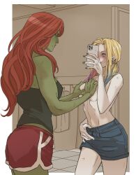 2girls alternate_costume batman_(series) black_nails black_tank_top blonde_hair blue_eyes blue_hair cellphone colored_skin dc_comics denim denim_skirt grabbing_another&#039;s_breast green_skin groping harley_quinn highres holding holding_phone indoors long_hair marceline2174 miniskirt multicolored_hair multiple_girls pale_skin phone pink_hair poison_ivy red_hair red_shorts short_shorts shorts skirt smartphone tank_top topless_female yuri