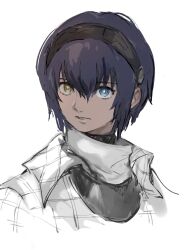Rule 34 | 1boy, blue hair, coat, collared coat, commentary, cropped shoulders, dark-skinned male, dark blue hair, dark skin, hairband, hashtag-only commentary, heterochromia, highres, looking to the side, male focus, metal hairband, metaphor: refantazio, parted lips, patterned clothing, protagonist (metaphor: refantazio), samerkgk, shirt, simple background, solo, turtleneck, white background, white coat, white shirt, wing collar