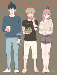 1girl 2boys animal barefoot blonde_hair blue_eyes bowl cat chainsaw_man cigarette clothes_writing commentary copyright_name cross-shaped_pupils cup denji_(chainsaw_man) food_bite hair_between_eyes hayakawa_aki highres holding holding_animal holding_bowl holding_cat holding_cigarette holding_cup horns long_hair long_sleeves matahei meowy_(chainsaw_man) mug multiple_boys pink_hair power_(chainsaw_man) sharp_teeth short_hair short_sleeves signature simple_background smoke smoke_trail socks symbol-shaped_pupils teeth topknot white_socks