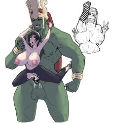 1boy 1girl ahegao armpits arms_up bar_censor black_hair bound bracelet breasts censored colored_skin crown cum cum_in_pussy cum_on_body earrings escape1111 fanny_packing fucked_silly hetero huge_breasts jewelry kazama_jun long_hair muscular muscular_male navel nipples nude ogre_(tekken) open_mouth pantyhose penis pussy red_eyes sex simple_background smile spread_legs sweat tekken testicles tongue tongue_out topless_female toplesss torn_clothes torn_pantyhose v vaginal white_background