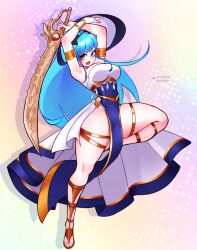 1girl alternate_costume armlet bare_shoulders blue_dress blue_hair blush blutgang_(fire_emblem) bracelet braid breasts brown_eyes crown_braid dancer dancer_(fire_emblem:_three_houses) dress earrings fire_emblem fire_emblem:_three_houses fire_emblem_warriors:_three_hopes gladiator_sandals gold_belt highres holding holding_sword holding_weapon jaxdrawz jewelry long_hair looking_at_viewer marianne_von_edmund marianne_von_edmund_(timeskip) medium_breasts nintendo official_alternate_hairstyle open_mouth pelvic_curtain sandals single-shoulder_dress smile solo sword thighlet very_long_hair weapon white_dress