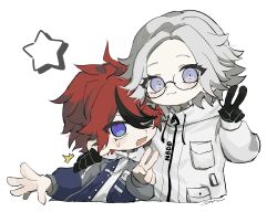 2boys :3 aotsuki_eito arm_around_shoulder arm_up black-framed_eyewear black_gloves black_hair blue_eyes blue_jacket closed_eyes coat cropped_torso drawstring eyelashes fang glasses gloves grey_hair highres hood hood_down hoodie jacket long_sleeves male_focus multicolored_hair multiple_boys nervous_sweating open_clothes open_jacket open_mouth parted_hair red_hair simple_background skin_fang sparrowhabird star_(symbol) streaked_hair sumino_takumi sweat the_hundred_line_-last_defense_academy- v white_background white_coat white_hoodie