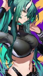 1girl arknights black_shirt breasts commentary crop_top gomago_magoma green_hair highres horns hoshiguma_(arknights) hoshiguma_(seeker)_(arknights) large_breasts linea_alba long_hair long_sleeves looking_at_viewer navel official_alternate_costume purple_background shirt side_ponytail single_horn skin-covered_horns smile solo two-tone_background upper_body watermark yellow_background yellow_eyes