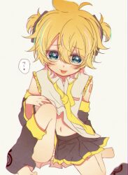 1boy :p arm_tattoo bare_shoulders barefoot black_leg_warmers black_skirt black_sleeves blonde_hair blurry_edges blush collared_shirt commentary crossdressing detached_sleeves dress_shirt eyes_visible_through_hair frilled_skirt frilled_sleeves frills green_eyes hair_between_eyes heart highres kagamine_len leg_warmers looking_at_viewer mattari_haruto messy_hair midriff miniskirt navel necktie on_one_knee panties pantyshot shirt shirt-lift short_twintails single_leg_warmer skirt sleeveless sleeveless_shirt spoken_heart striped_clothes striped_panties tattoo thighs tongue tongue_out translated twintails underwear undone_necktie vocaloid white_background white_shirt