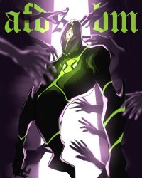 Rule 34 | 1boy, afdsbm, alien, ben 10, black skin, colored skin, commentary, english commentary, english text, floating, ghost, ghostfreak, green eyes, highres, looking at viewer, male focus, no humans, omnitrix, one-eyed, solo, too many arms