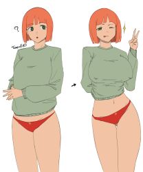 1girl absurdres artist_name blunt_bangs bob_cut breasts covered_erect_nipples cowboy_shot flat_color green_eyes green_sweater highres large_breasts long_sleeves mcdonald&#039;s mother_(yoru_mac) navel one_eye_closed orange_hair panties red_panties shirt short_hair simple_background smile sparkle sweater tesserax_art thighs tongue tongue_out underwear v white_background yoru_mac