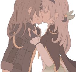 2girls artist_name black_coat black_gloves black_hairband black_jacket black_ribbon blush breasts clothes_grab coat dress fingerless_gloves firefly_(honkai:_star_rail) french_kiss gloves gold_ring green_dress grey_hair hair_ornament hair_over_eyes hair_ribbon hairband hands_up honkai:_star_rail honkai_(series) jacket kiss korshokor leaf_hair_ornament long_hair long_sleeves medium_breasts multiple_girls neckerchief open_clothes open_coat open_mouth puffy_long_sleeves puffy_sleeves ribbon sailor_collar simple_background stelle_(honkai:_star_rail) sweat sweatdrop tongue tongue_out trailblazer_(honkai:_star_rail) two-tone_dress upper_body white_background white_dress yellow_neckerchief yuri