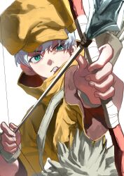 Rule 34 | 1boy, 333takoyaki, absurdres, arms up, arrow (projectile), bow (weapon), brown hat, commentary request, dr. stone, fingernails, green eyes, hat, highres, holding, holding bow (weapon), holding weapon, long sleeves, looking ahead, male focus, newsboy cap, outstretched arm, parted lips, popped collar, saionji ukyou, short hair, simple background, solo, teeth, uneven eyes, upper body, weapon, white background, white hair