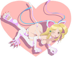 10s 1girl :3 absurdres animal_ears animal_hands ass blonde_hair breasts brown_eyes cat_ears cat_tail claws collarbone cosplay curvy darkstalkers eyelashes felicia_(darkstalkers) felicia_(darkstalkers)_(cosplay) female_focus fur hanging_breasts hidaka_koharu high_score_girl highres long_hair looking_at_viewer makoto_daikichi medium_breasts one_eye_closed pawpads smile solo tail wavy_hair wink