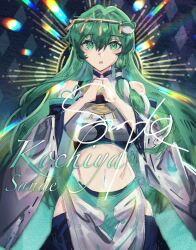 1girl adapted_costume bare_shoulders blue_skirt breasts character_name collared_shirt detached_sleeves dot_nose double-parted_bangs facing_viewer frog_hair_ornament gold_headwear green_eyes green_hair hair_intakes hair_ornament hair_tubes highres hip_vent jewelry kochiya_sanae l0e9s29p large_breasts long_hair long_sleeves looking_at_viewer navel necklace open_mouth own_hands_together ribbon-trimmed_sleeves ribbon_trim sample_watermark shirt single_hair_tube single_sidelock skirt sleeveless sleeveless_shirt snake_hair_ornament solo touhou touhou_gensou_eclipse very_long_hair watermark wide_sleeves