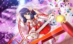 1girl ;) animal_ear_fluff animal_ears artist_request bare_shoulders bell blue_eyes blue_hair bow bridal_veil cat_ears cat_girl cat_tail cyan_(show_by_rock!!) detached_sleeves drill_hair dutch_angle electric_guitar falling_petals flower flower_knot foot_out_of_frame frilled_skirt frilled_sleeves frills glowstick guitar hair_flower hair_ornament hairband hands_up holding_veil instrument jingle_bell looking_at_viewer nontraditional_miko official_alternate_costume official_art one_eye_closed petals pink_nails railing red_bow red_skirt shirt short_hair show_by_rock!! skirt sleeveless sleeveless_shirt smile solo tail tassel thighhighs third-party_source veil white_hairband white_shirt white_thighhighs