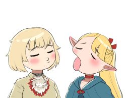 2girls anthopod_01 blonde_hair closed_eyes dungeon_meshi falin_touden falin_touden_(tallman) hasn&#039;t_kissed_anyone_ever_vs_expecting_a_kiss_with_tongue_(meme) highres imminent_kiss marcille_donato meme multiple_girls o3o pointy_ears short_hair simple_background tongue tongue_out upper_body white_background yuri