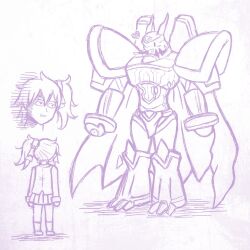 Rule 34 | aiba ami, alphamon, blue eyes, digimon, digimon (creature), digimon story: cyber sleuth, goggles, goggles on head, long hair, monochrome, red hair, sidetail