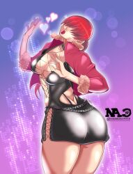1girl ass breasts cleavage curvy dress female_focus fishnets fluffy from_behind gluteal_fold heart huge_ass huge_breasts jacket large_breasts long_hair looking_back no_bra notasiacomics pale_skin ponytail red_hair shermie_(kof) skirt standing the_king_of_fighters thick_lips thick_thighs thighs wide_hips