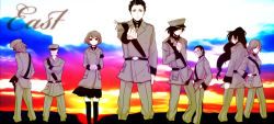 1girl 6+boys beard date_masamune_(sengoku_basara) facial_hair fuuma_kotarou fuuma_kotarou_(sengoku_basara) hat highres hojo_ujimasa houjou_ujimasa_(sengoku_basara) katakura_kojuurou maeda_keiji maeda_keiji_(sengoku_basara) military military_uniform multiple_boys mustache peaked_cap saika_magoichi_(sengoku_basara) scar sengoku_basara skirt thighhighs tokugawa_ieyasu tokugawa_ieyasu_(sengoku_basara) tsuruhime yoimosezu