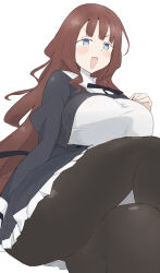 1girl :d absurdres arm_at_side assault_lily black_pantyhose black_ribbon black_skirt blunt_bangs blush breasts brown_hair commentary_request cropped_jacket crossed_legs feet_out_of_frame frilled_skirt frills from_below hand_on_own_chest hand_up high-waist_skirt highres huge_breasts invisible_chair juliet_sleeves kaede_johan_nouvel long_hair long_sleeves looking_at_viewer miniskirt neck_ribbon open_mouth pantyhose puffy_sleeves ribbon school_uniform sidelocks simple_background sitting skirt smile solo thighs unbabaa v-shaped_eyebrows very_long_hair wavy_hair white_background yurigaoka_girls_academy_school_uniform