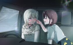 blush brown_hair car_interior closed_eyes commentary_request crying food_print fruit_print girls_band_cry grey_eyes grey_hair grey_shirt habsida_(habsida_hpy) highres iseri_nina jewelry kawaragi_momoka korean_commentary lemon_print long_hair necklace one_eye_closed open_mouth parted_lips print_skirt rain shirt short_sleeves short_twintails skirt smile tears twintails white_shirt wiping_tears yuri