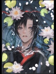 1boy afloat artist_name bishounen black_border black_hair black_hanfu border chinese_clothes flower hair_between_eyes hair_ribbon hanfu highres lily_pad long_hair looking_at_viewer lotus lying lying_on_water male_focus modao_zushi ojisan_rbt on_back outside_border parted_bangs parted_lips partially_submerged petals petals_on_liquid pink_flower ponytail purple_eyes red_ribbon ribbon sidelocks solo twitter_username upper_body water watermark wei_wuxian wet wet_face wet_hair white_flower white_petals