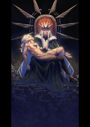 Rule 34 | 2boys, abs, absurdres, blonde hair, closed eyes, closed mouth, commentary, crown, english commentary, highres, long hair, louis (metaphor: refantazio), male focus, metaphor: refantazio, more (metaphor: refantazio), multiple boys, noct2aa, nude, on throne, pectorals, sitting, smile, spoilers, wavy hair