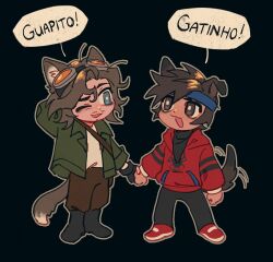 2boys :d animal_ears animification black_background blue_eyes blue_headband boots brown_eyes brown_hair brown_pants cat_boy cat_ears cat_tail cellbit commentary couple cyani07 deformed dog_boy dog_ears dog_tail english_commentary goggles goggles_on_head green_jacket headband highres holding_hands hood hoodie jacket kemonomimi_mode male_focus marvel medium_hair minecraft_youtube multiple_boys one_eye_closed open_clothes open_jacket open_mouth pants portuguese_text quackity_smp red_hoodie roier_(youtuber) shirt short_hair simple_background smile spanish_text speech_bubble spider-man_(series) standing tail tail_wagging tan translation_request white_shirt yaoi