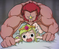 1boy 1girl artist_request blonde_hair blurry blurry_background completely_nude dark-skinned_male dark_skin defeat forced ganondorf held_down helpless hetero holding_another&#039;s_arm loli muscular muscular_male nintendo nude pointy_ears princess princess_zelda rape red_hair restrained screaming sex sex_from_behind size_difference the_legend_of_zelda the_legend_of_zelda:_ocarina_of_time the_legend_of_zelda:_the_wind_waker tiara toon_zelda wide-eyed