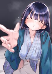 1girl all_fours bath_yukata black_hair blue_coat blush boku_no_kokoro_no_yabai_yatsu breasts closed_eyes coat collarbone commentary_request highres incoming_kiss japanese_clothes kimono large_breasts long_hair m2bou mole mole_on_neck reaching reaching_towards_viewer solo steaming_body sweat yamada_anna yukata