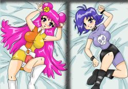 2girls ami_onuki blush boots bracelet breasts cartoon_network collar double_bun hair_flower hi_hi_puffy_amiyumi jewelry large_breasts multiple_girls panties pink_eyes pink_hair purple_hair skull_(symbol) spiked_bracelet spiked_collar spikes tagme underwear upskirt white_panties yumi_yoshimura