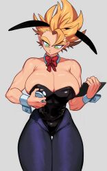 Rule 34 | 1girl, absurdres, animal ears, bare shoulders, black leotard, bow, bowtie, breasts, commentary, detached collar, dragon ball, fake animal ears, genderswap, genderswap (mtf), gogeta, green eyes, highres, large breasts, leotard, nanika (nnkgh), pantyhose, playboy bunny, rabbit ears, short hair, simple background, solo, spiked hair, strapless, strapless leotard, super saiyan, super saiyan 1, symbol-only commentary, wrist cuffs