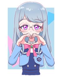 Rule 34 | 1girl, blue hair, bow, bowtie, brooch, collared shirt, commentary request, covering own mouth, cropped jacket, cropped torso, hands up, heart, heart hands, himitsu no aipri, jewelry, kurorook, long hair, long sleeves, looking at viewer, paradise private academy school uniform, pretty series, purple eyes, rokudou elle, school uniform, shirt, solo