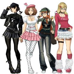 4girls absurdres alternate_costume belt beret black_belt black_gloves black_hair black_pantyhose blonde_hair blue_eyes blunt_bangs blunt_ends boots braid breasts brown_eyes brown_hair chaosoded cleavage clothes_writing collarbone color_connection cosplay crop_top crossover crown_braid denim denim_skirt frog glasses gloves green_shirt hair_ornament hairclip hasunoue_keroppi hat headphones hello_kitty hello_kitty_(character) high_collar highres jacket jeans jewelry kero_kero_keroppi knee_boots kuromi kuromi_(cosplay) layered_skirt leather leather_jacket leather_shirt leather_skirt leg_warmers lips long_hair long_sleeves looking_at_viewer miniskirt multiple_girls my_melody my_melody_(cosplay) necklace niijima_makoto okumura_haru onegai_my_melody open_mouth orange_hair pants pantyhose pearl_necklace persona persona_5 pink_skirt pleated_skirt red_eyes red_socks sakura_futaba sanrio shirt shoes short_hair sidelocks simple_background skirt smile sneakers socks sweater t-shirt takamaki_anne triforce_necklace visor_cap wavy_hair white_background white_belt white_pants white_pantyhose white_shirt