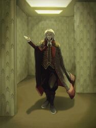 1boy absurdres backrooms_(creepypasta) black_boots black_coat black_pants black_vest boots ceiling_light closed_eyes coat coat_on_shoulders commentary english_commentary epaulettes full_body gold_trim hallway hand_up highres indoors jewelry kaname_ruri la_manchaland&#039;s_don_quixote_(project_moon) lapels limbus_company liminal_space long_hair long_sleeves male_focus necklace notched_lapels open_mouth pants project_moon shadow shirt smile solo standing vest wallpaper_(object) white_hair white_shirt zalgo_commentary