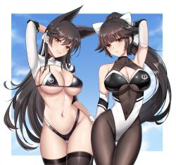 Rule 34 | 2girls, absurdres, armpits, atago (azur lane), atago (azur lane) (cosplay), atago (stunning speedster) (azur lane), azur lane, bikini, black bikini, black hair, black pantyhose, black thighhighs, bodystocking, bow, breasts, cleavage, cosplay, elbow gloves, extra ears, floppy ears, gloves, highleg, highleg bikini, highres, large breasts, leotard, long hair, looking at viewer, mole, mole under eye, multicolored leotard, multiple girls, navel, official alternate costume, pantyhose, presenting armpit, race queen, ribbon, shrug (clothing), sleeve cuffs, swimsuit, takao (azur lane), takao (full throttle charmer) (azur lane), thighhighs, two-tone leotard, white bow, white ribbon, wrist cuffs, zeukiar
