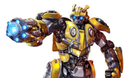 Rule 34 | antennae, arm cannon, autobot, blue eyes, bumblebee (movie), bumblebee (transformers), glowing, glowing eyes, humanoid robot, insignia, machine, mecha, robot, science fiction, simple background, taedu, transformers, transformers (live action), volkswagen, volkswagen beetle, weapon, white background