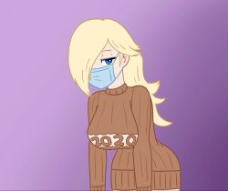 1girl 2021 animated animated_gif bikini blonde_hair blue_bikini blue_eyes breasts coat depressed female_focus hair_over_one_eye highres large_breasts mario_(series) mask new_year nintendo pink_lips purple_background rosalina saf-404 saf404 solo swimsuit tagme undressing