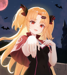 1girl :d akatsuki_uni alternate_costume bat_(animal) black_dress blonde_hair breasts capelet castle cleavage commentary_request covered_navel curtained_hair dress fang hair_ornament hairclip hand_up hedge highres lips long_hair looking_at_viewer moon muni_(akatsuki_uni) night night_sky open_mouth outstretched_arm presenting_hand red_capelet red_eyes red_moon sky small_breasts smile solo_focus star_(sky) stone_wall two_side_up uni_create upper_body variant_set very_long_hair virtual_youtuber yasudraw