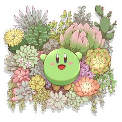 blush_stickers cactus commentary_request flower highres kirby kirby_(series) looking_at_viewer nintendo no_humans official_alternate_color open_mouth plant shinnjugokko smile white_background white_flower yellow_flower