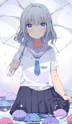 1girl ahoge aqua_necktie blue_eyes blue_flower blue_skirt blush clothes_lift collar commentary_request cowboy_shot flower gradient_background grey_hair hair_between_eyes hair_flower hair_ornament highres holding holding_umbrella hydrangea long_hair mochigome_(ununquadium) necktie original parted_lips pink_flower pleated_skirt rain sailor_collar shirt short_necktie short_sleeves sidelocks skirt skirt_lift solo umbrella wading water wet wet_clothes white_background white_sailor_collar white_shirt