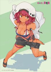 Rule 34 | 1girl, :o, bare shoulders, black panties, blush, breasts, brown eyes, cleavage, collarbone, full body, hat, holt (mahoutsukai reimeiki), huge breasts, iwasaki takashi, jacket, long sleeves, looking at viewer, mahoutsukai reimeiki, open clothes, open jacket, open mouth, panties, red hair, sample watermark, sandals, shadow, short hair, short shorts, shorts, side-tie panties, simple background, solo, standing, thighs, underwear, undressing, watermark, white hat