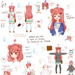 1girl :t ^_^ ^o^ absurdres angry animal aqua_skirt arrow_(symbol) asymmetrical_legwear bag black_thighhighs blush brown_bag brown_footwear cat reference_sheet chiroxai closed_eyes color_guide commentary concept_art crying double_bun eating embarrassed emoticon english_commentary english_text expressive_hair eyewear_on_head fang fish flag flying_sweatdrops full_body furrowed_brow grey_hoodie hair_bun hair_ornament heart highres holding holding_animal holding_fish hood hoodie instagram_username insult loafers long_sleeves mallet mascot medium_hair mega_milk meme miniskirt mismatched_legwear ok_sign original pillow pleated_skirt pom_pom_(clothes) pout red_flag red_hair sachi_(r/animemes) sad sailor_collar sakurafish satchel shoes sidelocks simple_background skirt sleeves_past_fingers sleeves_past_wrists solid_oval_eyes sparkle speech_bubble spoken_heart stitches streaming_tears stutter sunglasses t-pose tears thighhighs under_covers v white_background white_hoodie white_thighhighs zettai_ryouiki