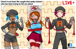 Rule 34 | 1boy, 2girls, armpits, arms up, ball gag, bdsm, belt, blue hair, bondage, boots, bound, bound legs, bound thighs, bound waist, bound wrists, breasts, brown eyes, brown hair, choker, cpt.tester works, dark-skinned female, dark skin, dialogue box, gag, gloves, green eyes, hand on own hip, hands up, hat, knee boots, large breasts, legs apart, legs together, looking at another, looking at viewer, looking down, looking to the side, maroon hair, medium breasts, midriff, multiple girls, nintendo, open mouth, parted bangs, pencil skirt, pokemon, red hair, restrained, rope, shirt, shirt tucked in, skirt, smug, standing, swept bangs, t-works, team rocket, team rocket grunt, team rocket uniform, thighs, thumbs up, tied to stake, underboob, yellow eyes
