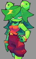 1girl 2022 bacun belt breasts cactus_girl claws colored_skin green_hair grey_background hand_on_own_hip long_hair lower_eyelashes_only monster_girl non-web_source orange_eyes original parted_bangs plant_girl rebutia_(bacun) shorts solo tank_top thorns