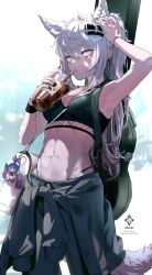 1girl a0lp alternate_costume animal_ear_fluff animal_ears arknights arm_up armpits artist_logo artist_name bag black_jacket black_nails black_sports_bra breasts charm_(object) clothes_around_waist cowboy_shot drink drinking drinking_straw drinking_straw_in_mouth ear_piercing earrings fingernails grey_tail hair_between_eyes hair_ornament hairclip hand_on_own_head hand_up hashtag-only_commentary highleg highres holding holding_drink jacket jacket_around_waist jewelry lappland_(arknights) logo long_hair medium_breasts messy_hair nail_polish navel navel_piercing piercing scar scar_across_eye scar_on_face sharp_fingernails shoulder_bag sleeveless solo sports_bra standing stomach tail tattoo texas_(arknights) tied_jacket white_eyes white_hair wolf_ears wolf_girl wolf_tail wristband