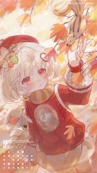 1girl animal animal_around_neck arm_up artist_logo artist_name autumn_leaves beret blonde_hair commission hair_ornament hat leaf logo long_sleeves maple_leaf medium_hair original red_eyes red_hat red_sweater skirt solo squirrel stuffed_animal stuffed_toy sweater umehara_sei watermark