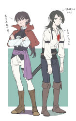 Rule 34 | 2girls, absurdres, ascot, bang dream!, bang dream! it&#039;s mygo!!!!!, black ascot, black hair, blood, blood on clothes, blue eyes, blue pants, boots, brown boots, capelet, center frills, chinese text, commentary, earrings, frills, full body, highres, injury, jewelry, joker (jjjokerrr233), licking lips, long sleeves, multiple girls, pants, pointy ears, purple eyes, red capelet, shiina taki, shirt, tongue, tongue out, translation request, vampire, white pants, white shirt, yahata umiri