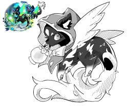 Rule 34 | animal focus, avernale (dragon village), avernale (glowing breath) (dragon village), bow, commentary request, dragon, dragon village (series), dragon village collection, greyscale, highres, hood, hood up, korean commentary, lantern, monochrome, no humans, o o (pixiv 91006494), pawpads, reference inset, simple background, sketch, solo, tail, white background, wings