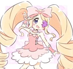 1girl blonde_hair blue_eyes blush border bow breasts collar colored_eyepatch detached_collar dress drill_hair earrings eyepatch frilled_dress frilled_skirt frilled_wrist_cuffs frills happy harime_nui heart heart_earrings jewelry kill_la_kill long_hair natsu_no_mi open_mouth outside_border pink_bow pink_collar pink_dress pink_wrist_cuffs skirt twin_drills v white_border wrist_cuffs