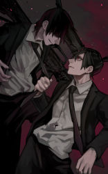 1boy battle_rifle black_hair black_jacket black_necktie black_pants chainsaw_man clothes_grab collared_shirt earrings facing_another fighting formal_clothes gun gun_devil_(chainsaw_man) hair_between_eyes handgun hayakawa_aki highres hybrid jacket jewelry looking_at_another m14 medium_hair nakano_(2_mannaka) necktie necktie_grab neckwear_grab no_eyes pants red_eyes rifle serious shirt shirt_tucked_in short_hair smile smoke suit topknot weapon white_shirt