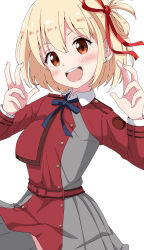 1girl :d aikawa_ryou blonde_hair blue_bow blush bow brown_eyes commentary_request dress grey_dress hair_between_eyes hair_ribbon hands_up head_tilt highres long_sleeves lycoris_recoil lycoris_uniform nishikigi_chisato open_mouth pleated_dress red_eyes red_ribbon ribbon short_hair simple_background smile solo teeth two-tone_dress upper_teeth_only white_background