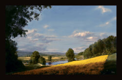 absurdres blue_sky border brown_border cloud commentary english_commentary field highres krita_(medium) nature no_humans original philipp_urlich river scenery signature sky tree